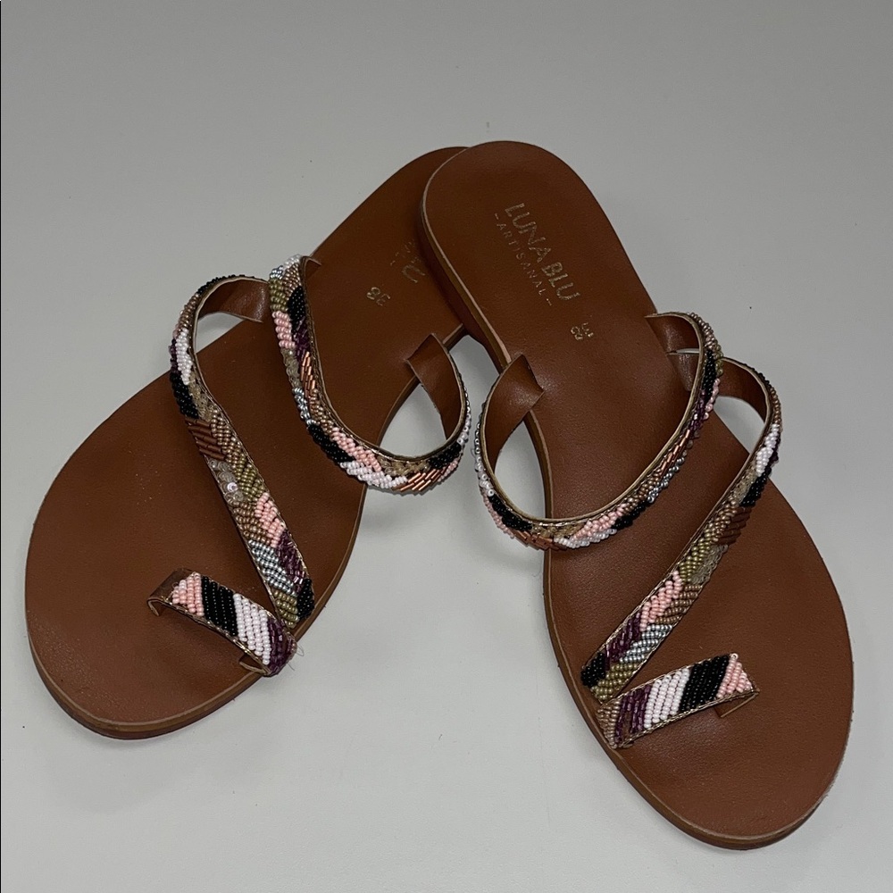 Luna Blu boho styled Tan Sandals with Multicolor beaded Straps